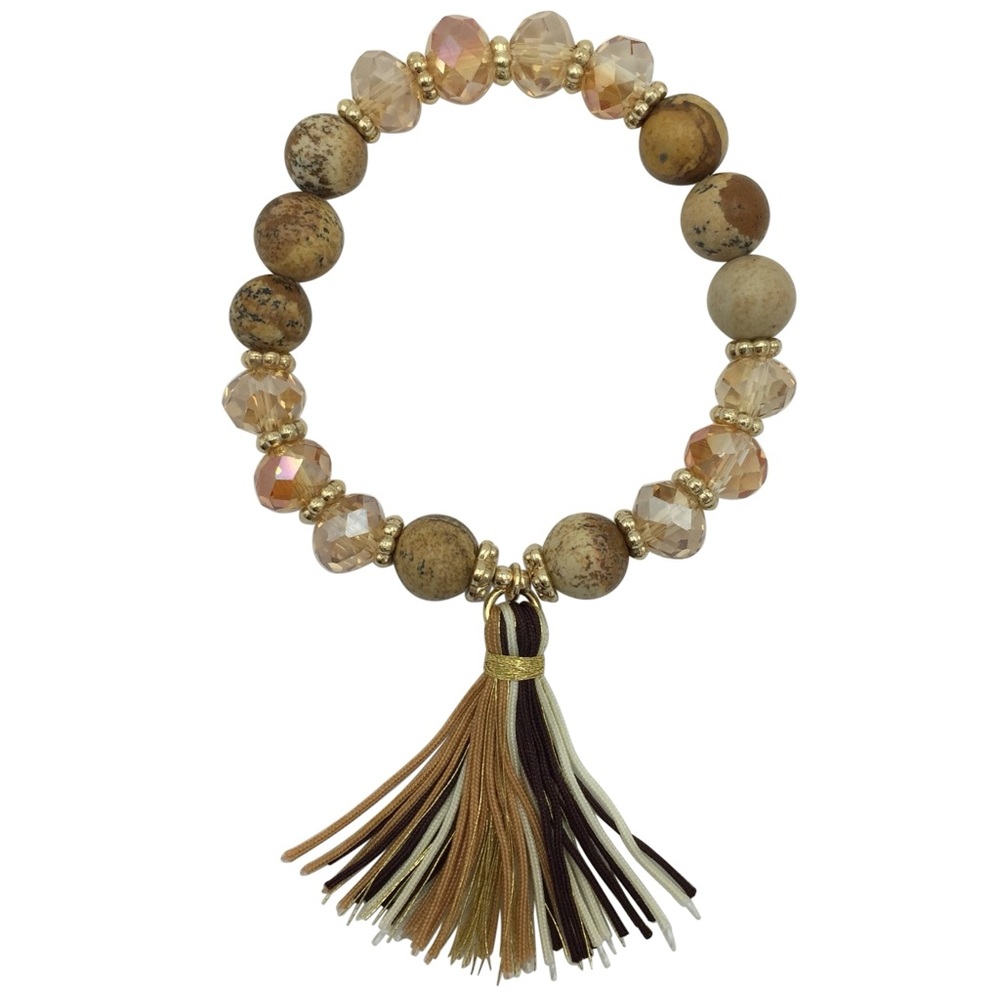 Brown Genuine Stone & Glass Beaded Tassel Stretch Bracelet